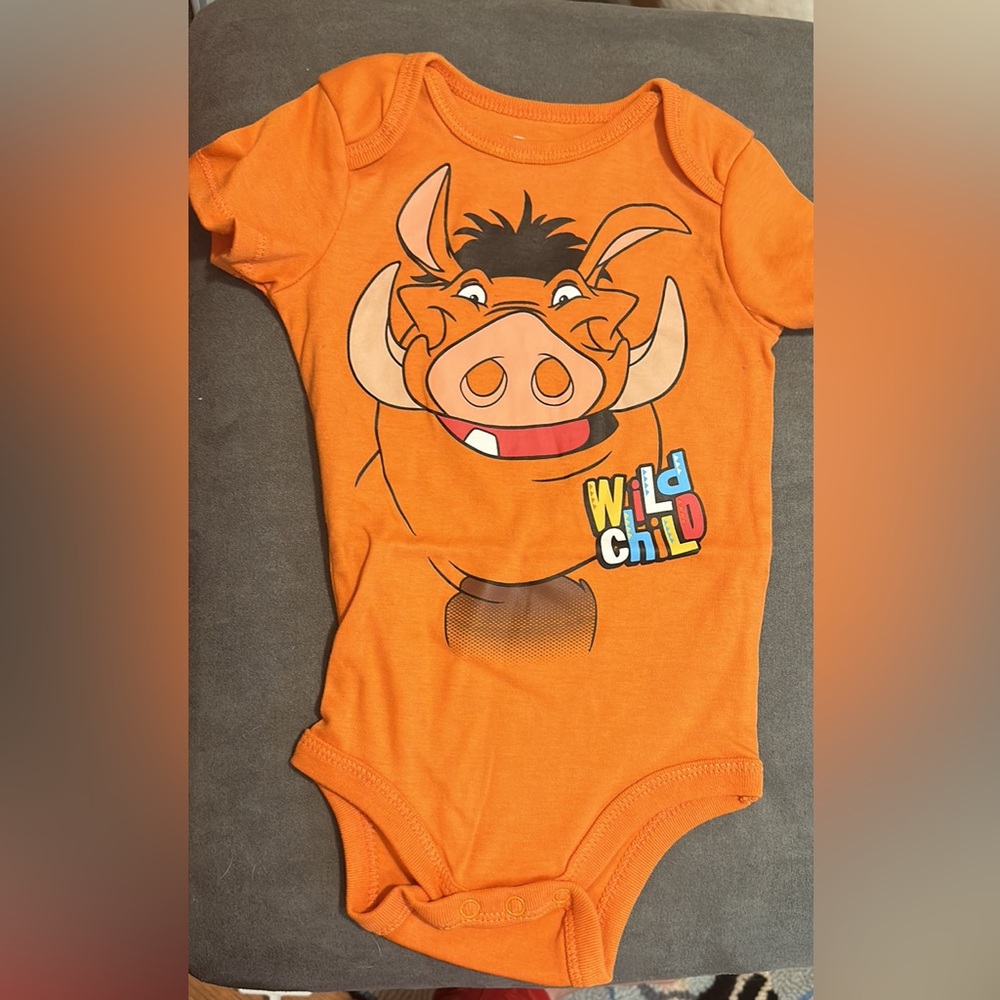 BRAND NEW, Never Worn: 12M Disney Baby Pumba “Wild Child” onesie.